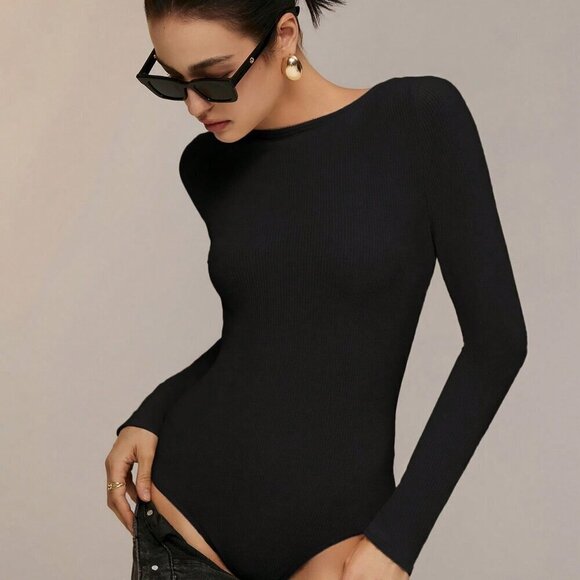 Black Casual Women's Backless Collar Long Sleeve Elegant Bodysuit - Picture 4 of 7